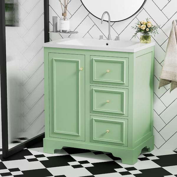 30 in. W Freestanding Bath Vanity in Green with White Ceramic Top and Sink, 3 Drawers