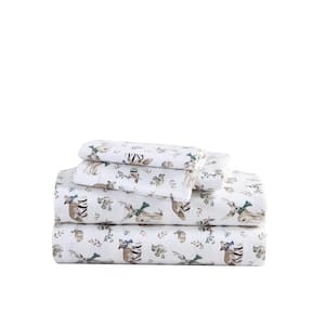 Woodland Friends 3-Piece White Cotton Flannel Twin Sheet Set