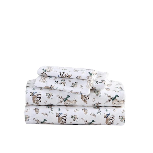 Eddie Bauer Woodland Friends 3-Piece White Cotton Flannel Twin Sheet Set
