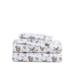 Woodland Friends 4-Piece White Cotton Flannel King Sheet Set