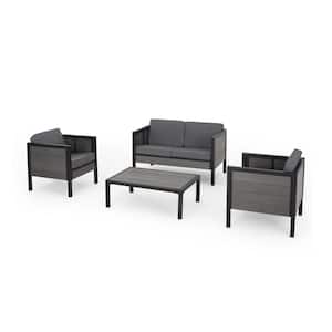 Jax Black 4-Piece Faux Wood Patio Conversation Seating Set with Grey Cushions