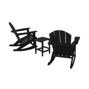 Iris Outdoor Rocking Poly Adirondack Chairs With Side Table Set in Black (3-Piece)