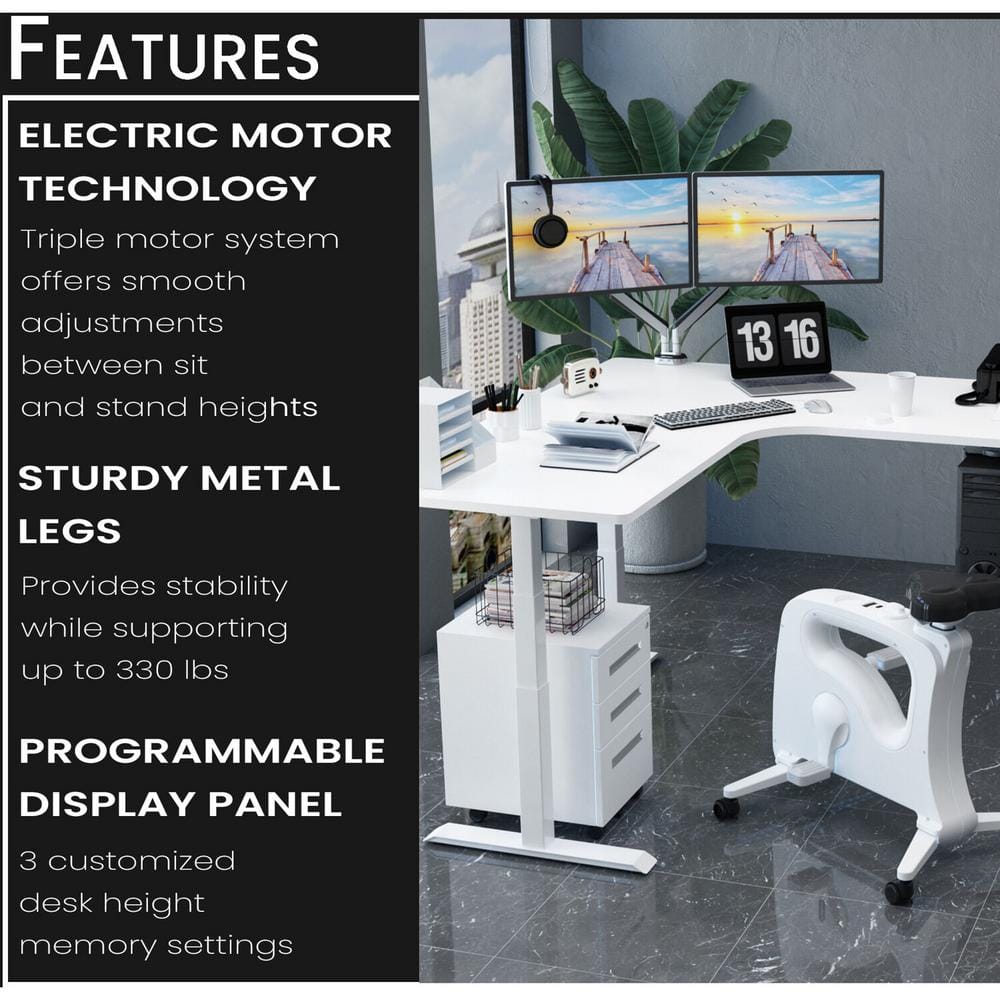 White L-Shaped Adjustable Height Standing Desk with USB Port
