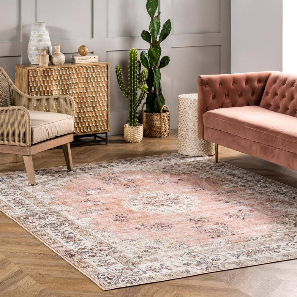 Ivory Floral Synthetic Washable Rectangular Area Rug
