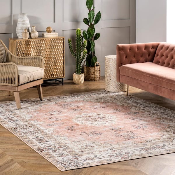 Ren Machine Washable Vintage Floral Peach 5 ft. x 8 ft. Indoor Area Rug