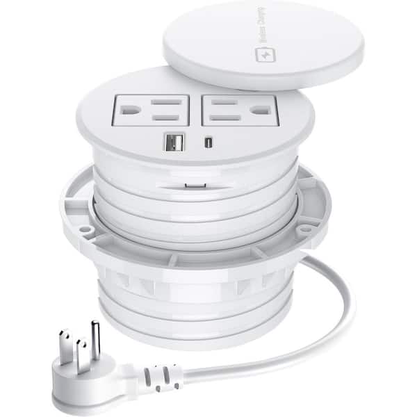 Lukyamzn 6 ft. Recessed Flush Mount Countertop Outlet with 15-Watt Wireless Charging, 2-Outlets, 1 USB-A, 1 USB-C Ports in White