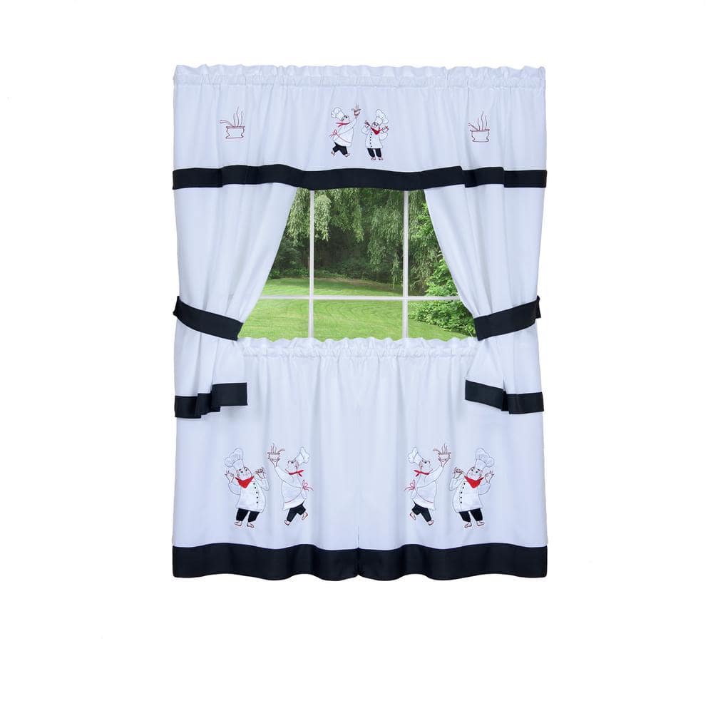 Black and White Faux Silk Embellished Kitchen Curtain Set