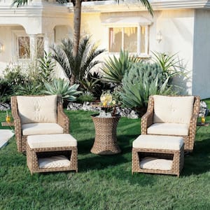 5-Piece Wicker Patio Conversation Set with CushionGuard Blue Cushions, Pet House, Retractable Side Tray, Cool Bar