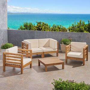 Oana Teak Brown 5-Piece Wood Patio Conversation Seating Set with Beige Cushions