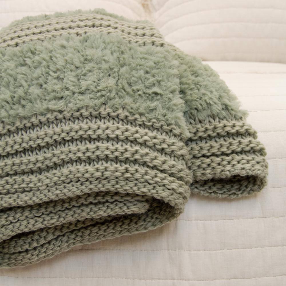 Sage Faux Fur Knitted Reversible Throw Blanket