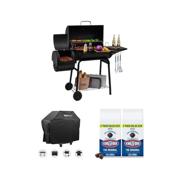 Charcoal Grill with Smoker, Side Table, BBQ Briquettes (2-Pack) and 54 in. Grill Cover