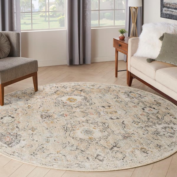 Oushak Home Cream 8 ft. x 8 ft. Floral Traditional Round Area Rug