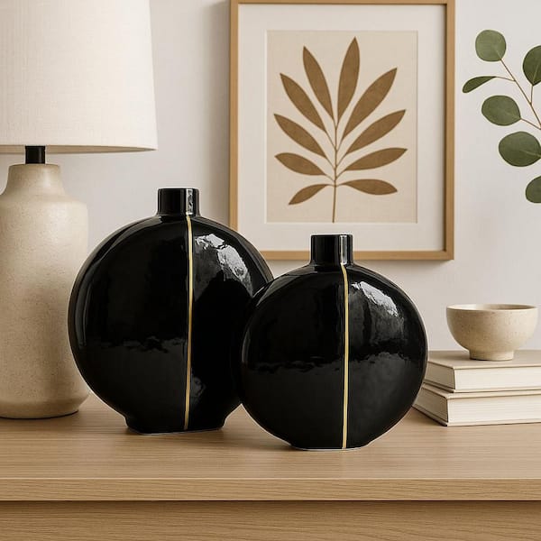 Black 13 in. x 12 in. Hand Blown Glass Modern Round Decorative Flower Vases
