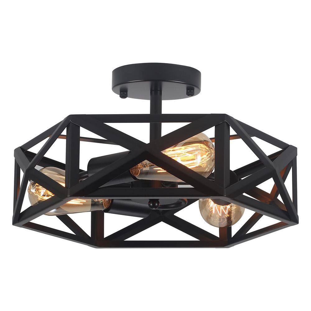 Modern Farmhouse Black 3-Light Semi Flush Mount Ceiling Light, Metal Cage Fixture for kitchen Island,Bedroom,Entryway price history on PriceWatchPro