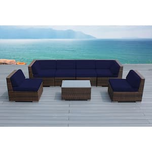 Mixed Brown 7-Piece Wicker Patio Seating Set with Sunbrella Navy Cushions
