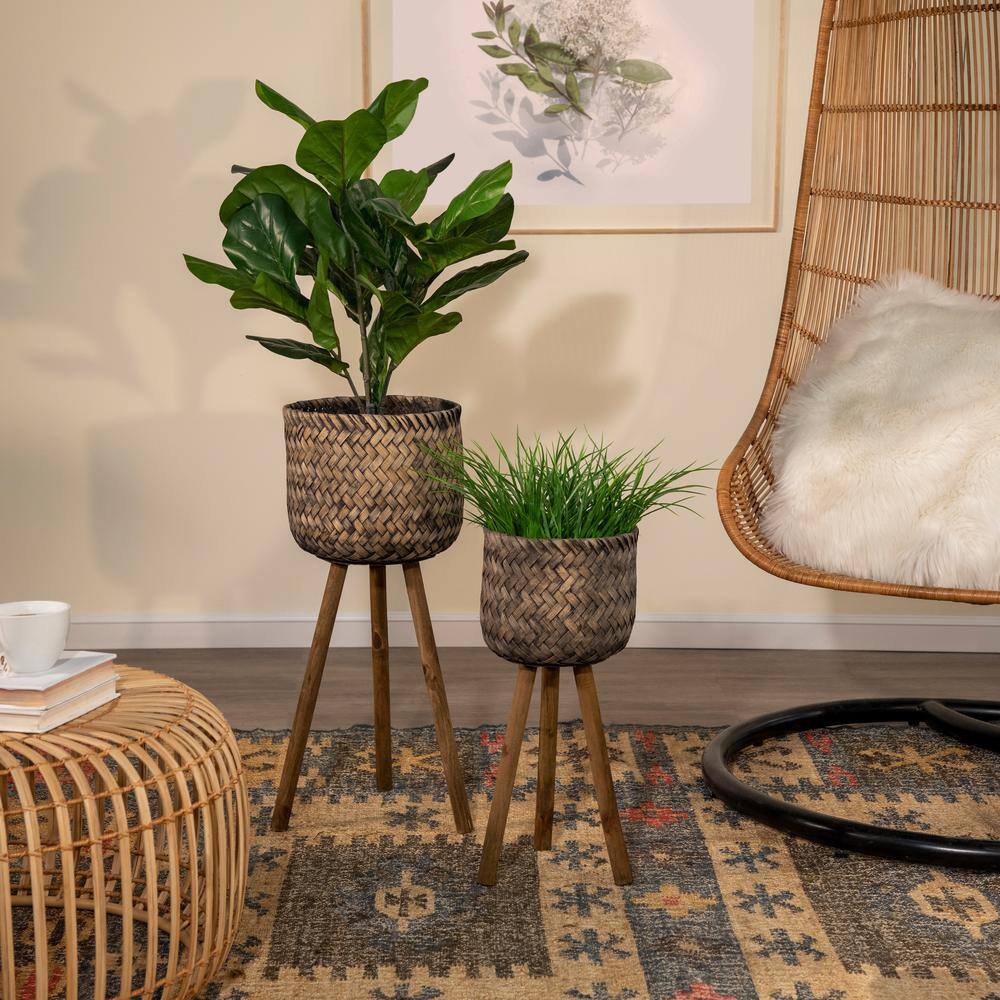 Set of 2 Brown and Black Bamboo Planters with Stands