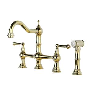 Double Handles Gooseneck Bridge Kitchen Faucet with Pull Out Spray Wand in Brushed Gold, 27 in. Flexible Hose