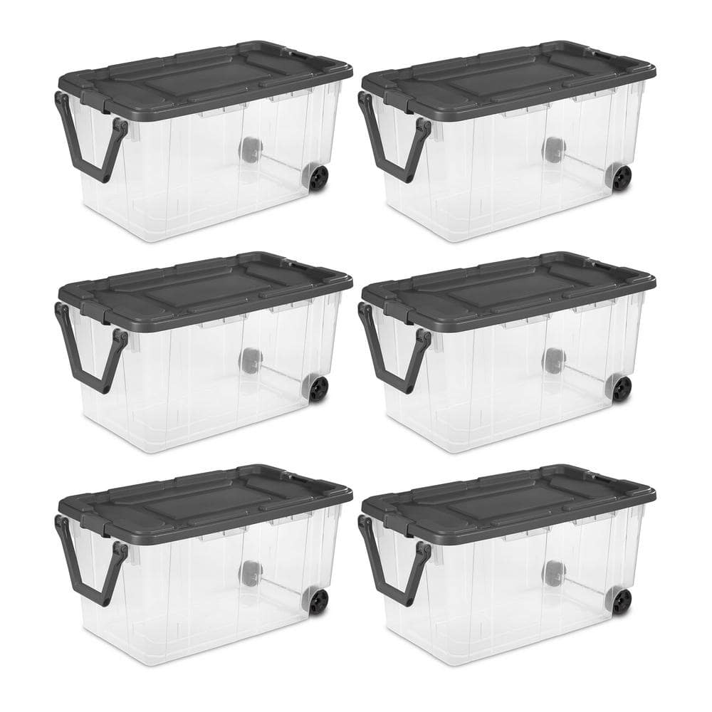 Sterilite 12 Gal Hinged Lid Industrial Tote, Stackable Storage Bin with  Hinge Lid, Plastic Container to Organize Basement, Black with Red Lid,  6-Pack