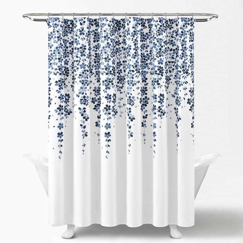 Navy and Blue Floral Microfiber Shower Curtain, 72" x 72"