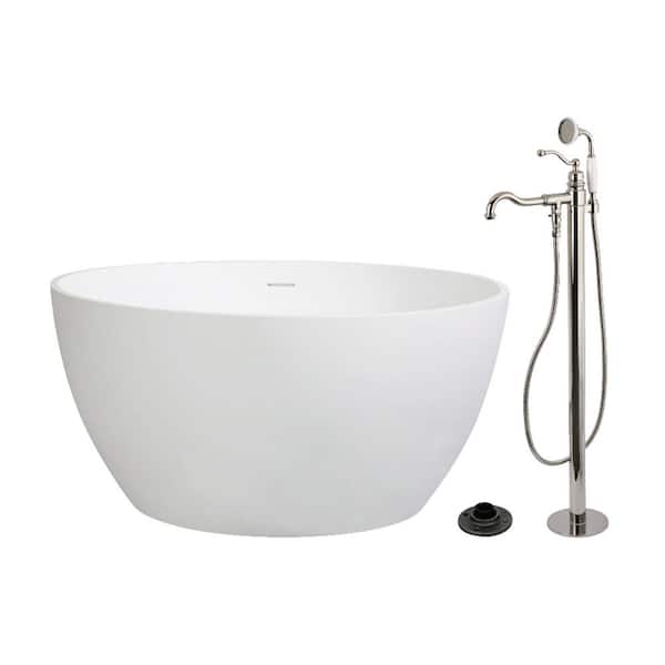 Arcticstone 45.6 in. x 45.6 in. Surface White Stone Flatbottom Soaking Freestanding Bathtub in White/Polished Nickel