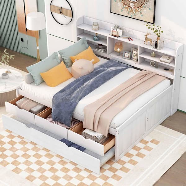 White Wood Frame Full Size Platform Bed with Built-in Bookshelves,3 Storage Drawers and Trundle