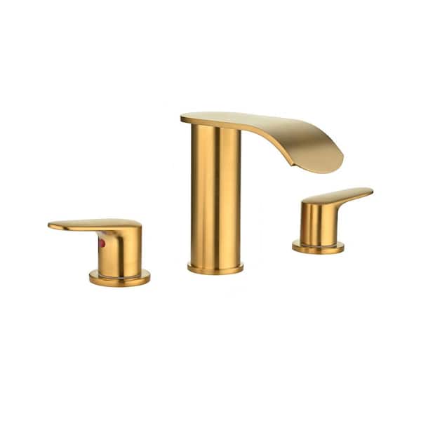 ALEASHA 8 in. Widespread Double Handle High Arc Bathroom Faucet with Drain Kit Included in Gold