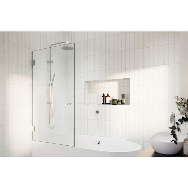 Albedo 34 in. W x 58.25 in. H Frameless Wall Hinged Tub Door in Chrome with Clear Glass