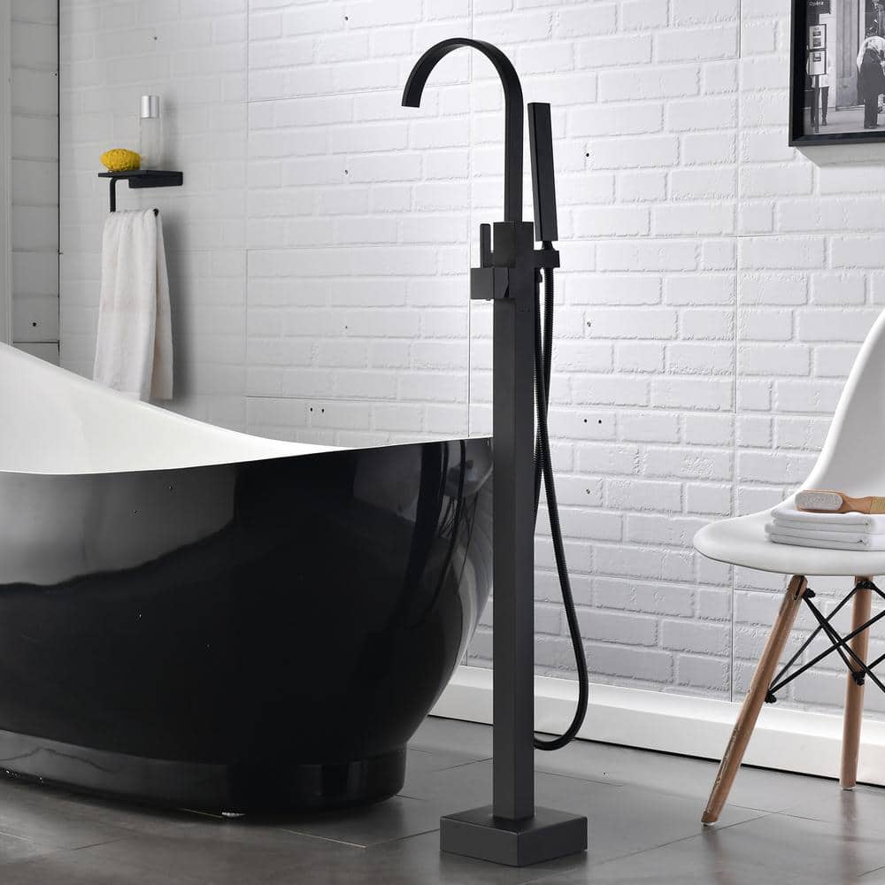 Matte Black Freestanding High Arc Tub Faucet with Hand Shower