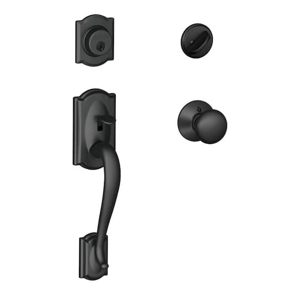 Schlage Camelot Matte Black Single Cylinder Door Handle set with Plymouth Knob