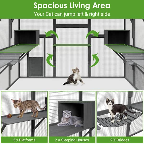 FUFU&GAGA Large Wooden Outdoor Cat House, Cat Run Enclosure Walk
