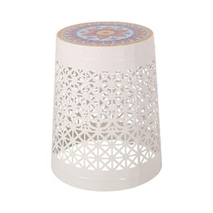 White Round Powder-Coated Metal 18.50 in. Outdoor Accent Side Table with Gorgeous Tile Mosaic Design