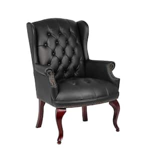 Wing Back Chair Black Vinyl Mahogany Button Tufted Brass Nail Heads