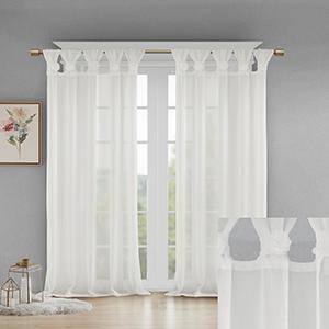 White Sheer Tab Top Faux Linen Kitchen Window Panel