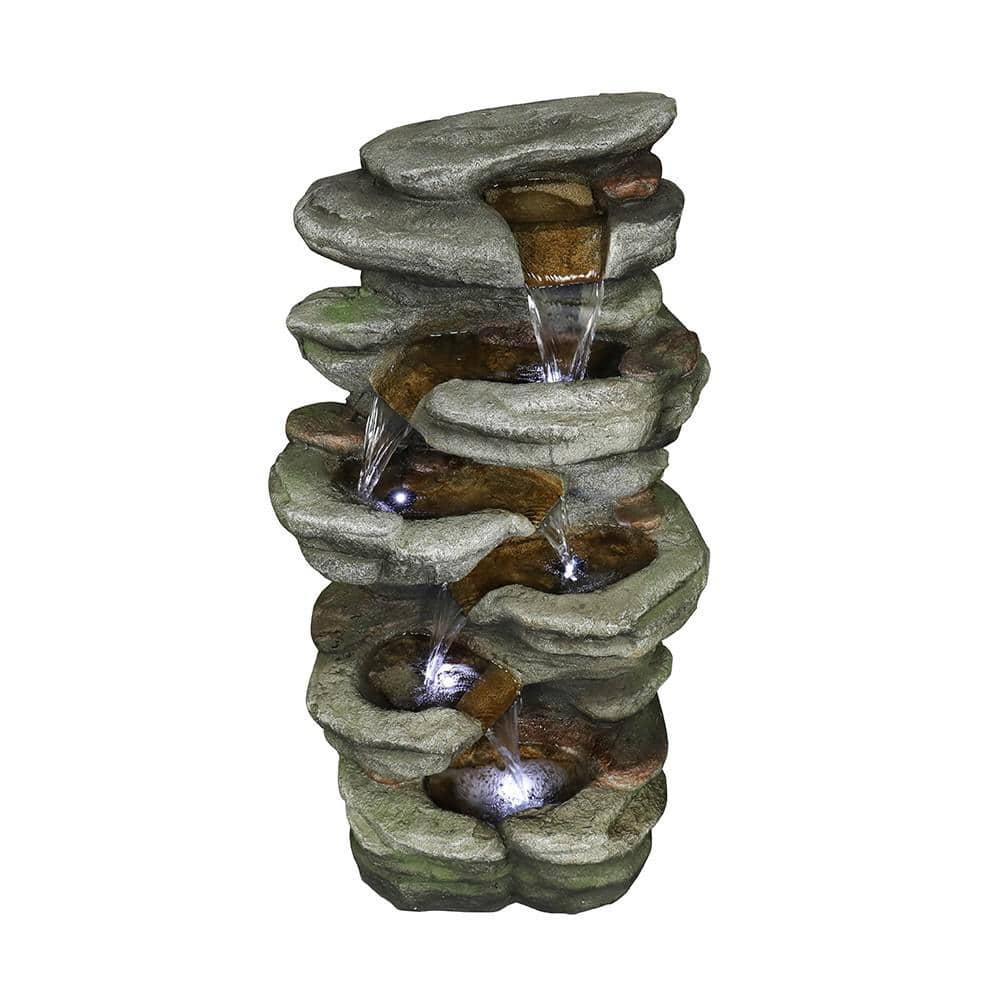 Cisvio 5-Tier Rock Water Fountain with LED Rockery Cascading Outdoor ...