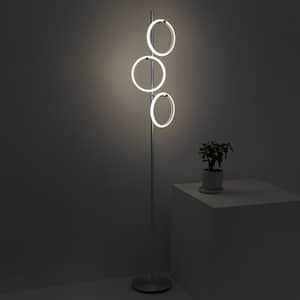 Saturn 66 in. Platinum Silver Industrial 3-Light 3-Way Dimming LED Floor Lamp with 3 Replaceable LED Rings