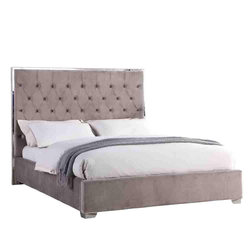 Regal Velvet King Platform Bed with Tufted Headboard in Dark Grey