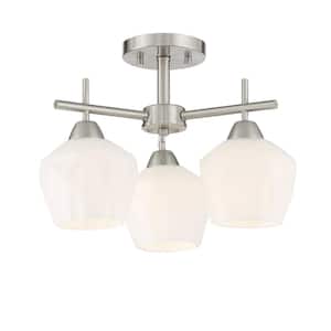 Camrin 16 in. 3-Light Brushed Nickel Semi-Flush Mount to Chandelier with White Glass Shades