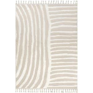 Ianthe Abstract Stripes High-Low Tasseled Beige 5 ft. x 7 ft. 6 in. Moroccan Area Rug