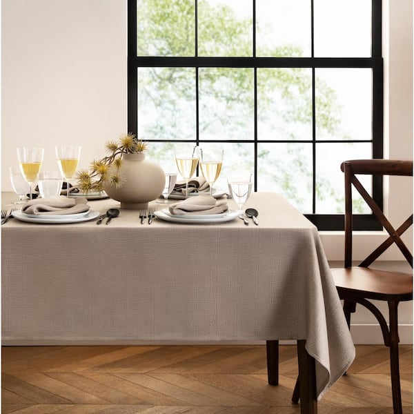 Threadmade Home Laurel Solid Texture Water Resistant Tablecloth, Taupe - 60"W x 144"L