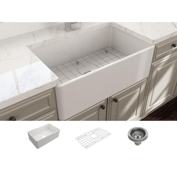 Classico Farmhouse Apron Front Fireclay 30 in. Single Bowl Kitchen Sink with Bottom Grid and Strainer in White