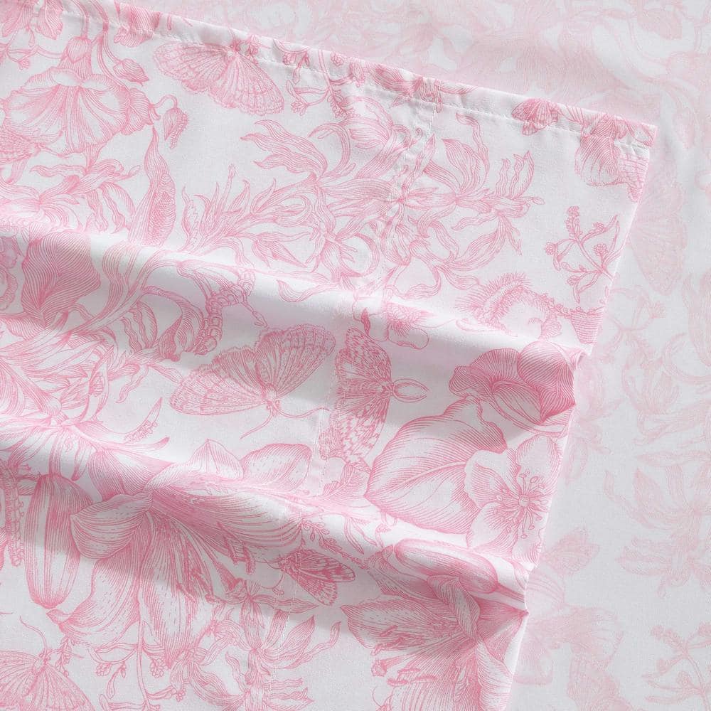 Full Pink and White Floral Satin Microfiber Sheet Set