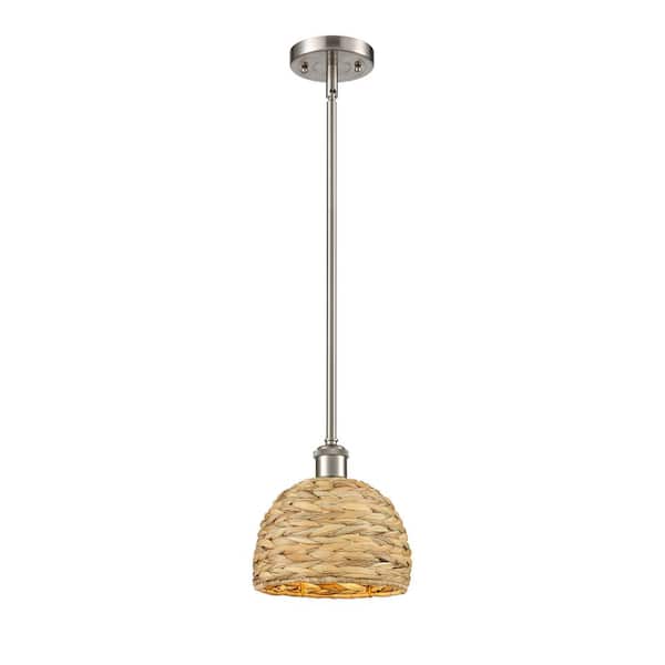 Innovations Woven Rattan 100-Watt 1-Light Satin Nickel Shaded Mini Pendant Light with Rattan Shade