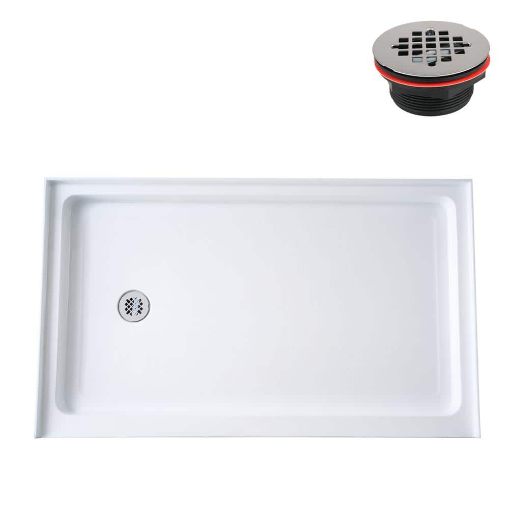 Glossy White Rectangular Acrylic Alcove Shower Base with Left Drain