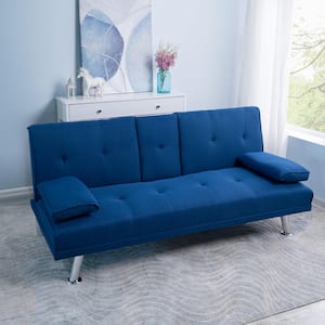 Blue, Futon Sofa Bed Linen Futon Couch with Armrest and 2-Cupholders, Sofa Bed Couch Convertible with Metal Legs