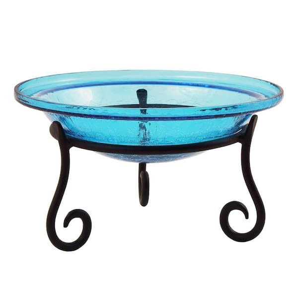 ACHLA DESIGNS 12.5 in. Dia Teal Blue Reflective Crackle Glass Birdbath Bowl with Short Stand