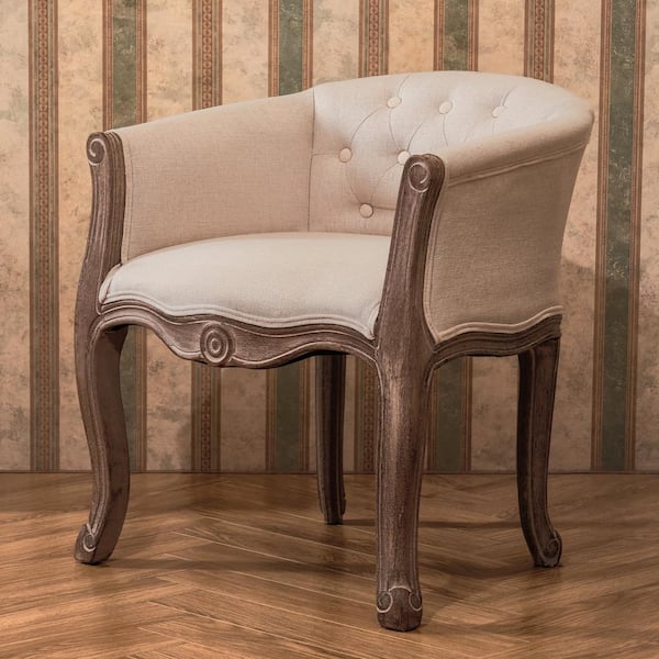 Merra Beige Solid Wood Vintage French, Vintage Wooden Arm Chair