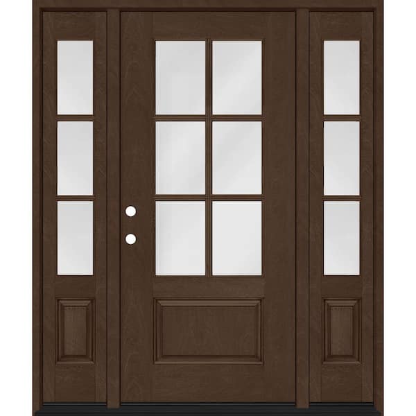 Regency 64 in. x 80 in. 3/4-6Lite Clear Glass RHIS Hickory Fiberglass Prehung Front Door w/Dbl 12in.SL & 8012BLK Lockset