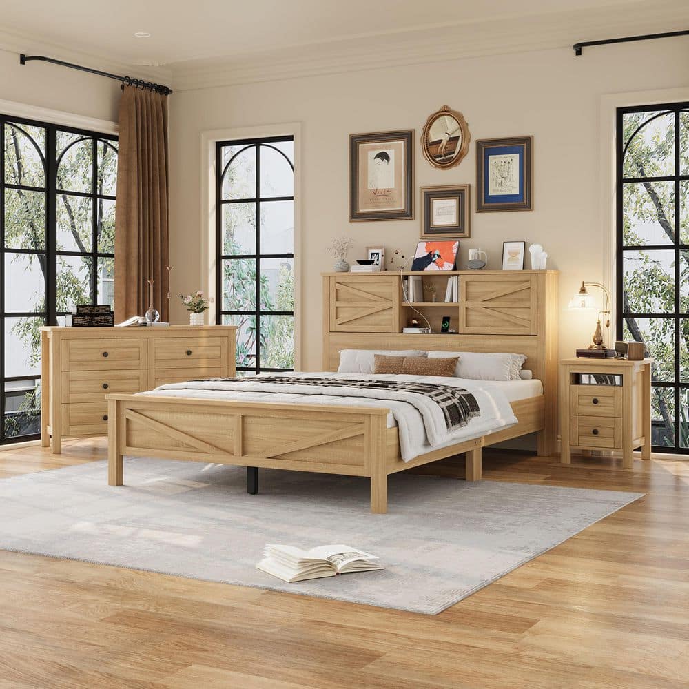 3-Piece Natural Wood Queen Bedroom Set Platform Bed w/Double Sliding Door Headboard Charging Station, Nightstand Dresser Q3NAXS-69037M