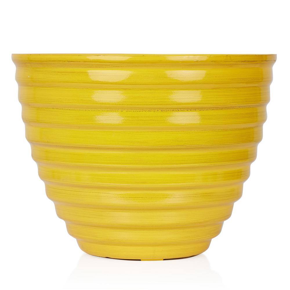 12" Yellow Ribbed Plastic Indoor Outdoor Planter