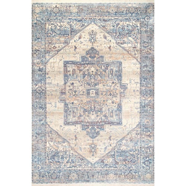 Ehtel Medallion Fringe Light Blue Doormat 2 ft. x 3 ft. Area Rug
